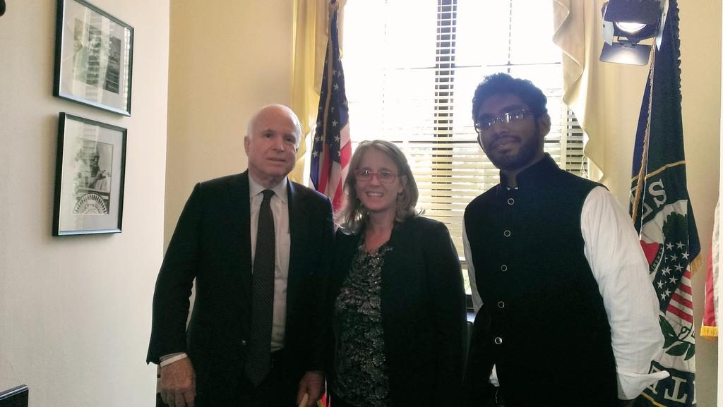 RedEye President, Laura Douglas and intern Usman Noman with Senator John McCain